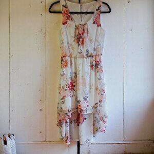 ROMANTIC High Low Peach Flowers Sleeveless Lined Dress Sz XS